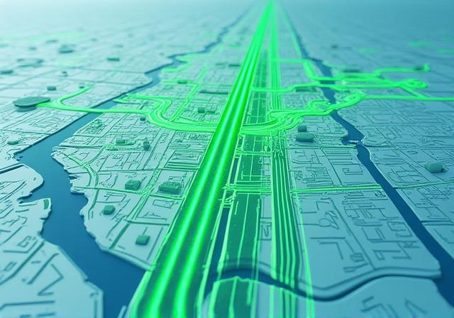 Mapa de una ciudad con rutas de reparto optimizadas en color verde.